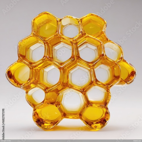 Honeycomb-shaped, amber-colored glass sculpture