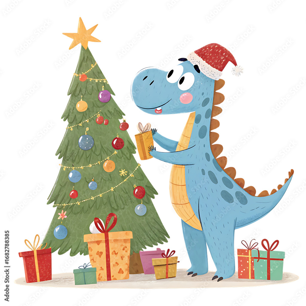 Naklejka premium Cute blue dinosaur wearing a santa hat decorating a christmas tree isolated on transparent background
