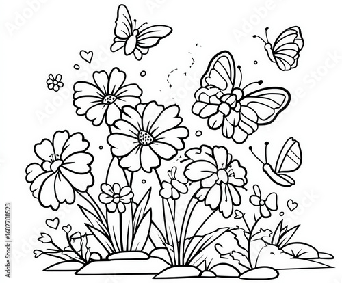 A garden of flowers and butterflies , coloring page for kids, simple outline illustration. Coloring book.