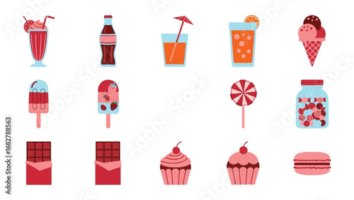 Sweet Treats Assortment: A colorful collection of mouthwatering sweets, drinks, and ice cream arranged on a single canvas