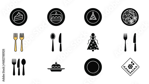Festive Food Icon Set: A delightful vector graphic compilation showcases various celebratory food items. this graphic is the perfect visual accompaniment for events.