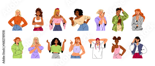 Set of diverse women with different emotions. Girls with various facial expressions. People with happy, sad, angry, irritated, and crying faces. Flat isolated vector illustrations on white background