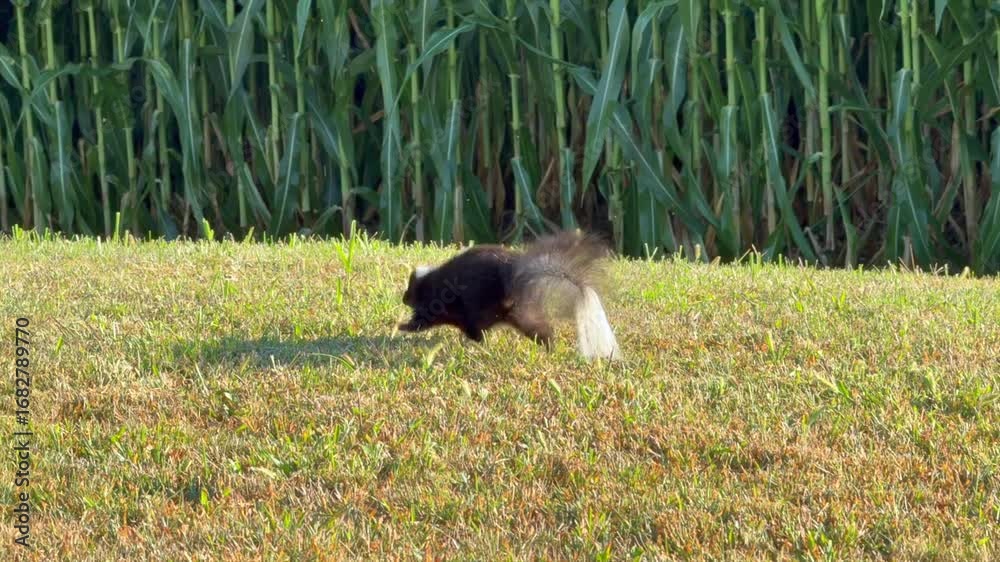 A skunk running across a lawn in the bright morning sunlight.