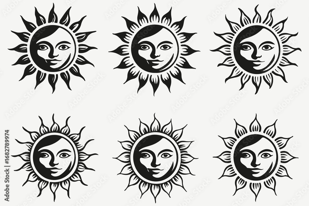 Fototapeta premium Sun with face sketch illustration vector set