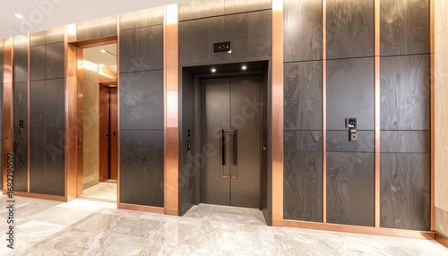 Modern elevator bank with copper accents and dark paneling, featuring a marble floor and soft overhead lighting, creating a sleek and stylish lobby space
