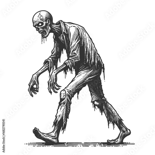 zombie walking at Halloween party sketch engraving generative ai fictional character vector illustration. Scratch board. Black and white image