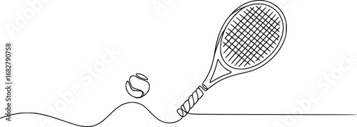 Minimalist line drawing of tennis racket and ball on court sport game