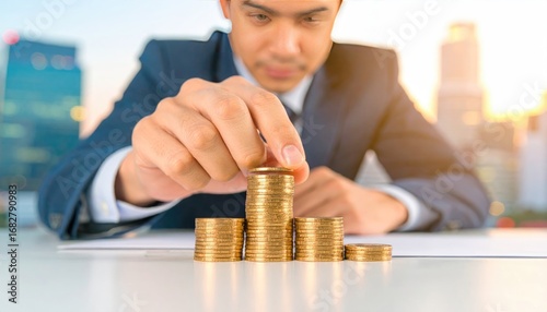 Man in a suit stacks coins on a white surface, with a cityscape in the background, illuminated by warm light, symbolizing finance and success