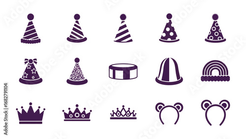 Party Icon Assortment: A stylized collection of party hats, crowns, and a drum, rendered in a clean, graphic style, ready for diverse celebratory designs.