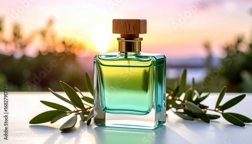 Stylish square glass perfume bottle with a wooden cap sits on a table surrounded by green leaves, bathed in the golden light of sunset