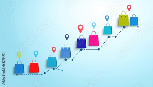 Graphic illustration of shopping bags arranged on an upward trajectory dotted line with location pin markers against a light blue gradient background