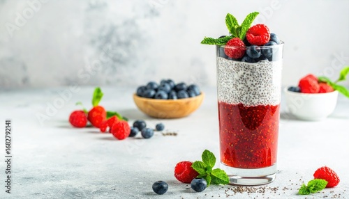 Berry chia seed parfait in a tall glass, with loose berries and a small wooden bowl of blueberries against a marbled backdrop