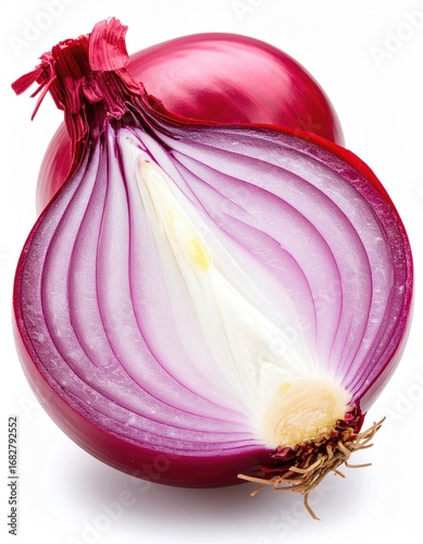 A halved red onion with visible layers and pale core sits beside another whole onion against a plain white background. The cut side showcases its concentric structure