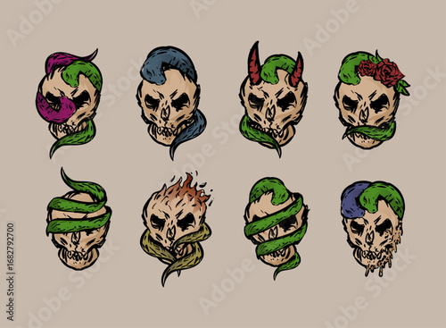 set of doodle hand drawn vintage gothic zombie skull head with snake theme. suits for tattoo, sticker pack, apparel and fantasy design