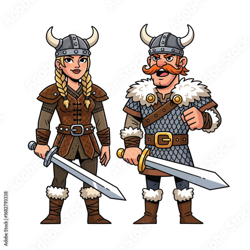 A brave Viking warrior couple, a man and a woman, standing together with swords. Cartoon characters in historic Norse armor vector illustration