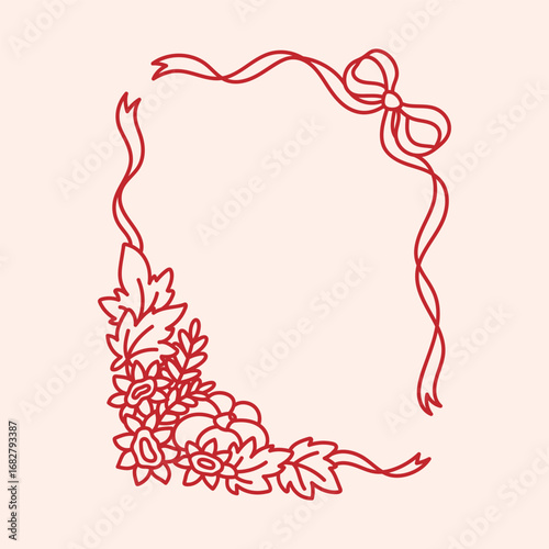 Autumn frame of bow knot ribbon decorated pumpkin with leaves, ear of wheat. Fall season border. Vintage template for greeting card, invitation, social media. Rustic boho aesthetic. Holiday background