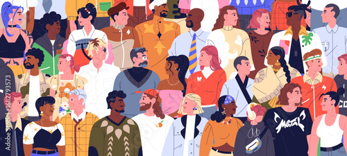 Multiethnic crowd of people in profile. Multinational community. Group diverse of men and women side view. Modern society banner. Various characters are standing together. Flat vector illustration