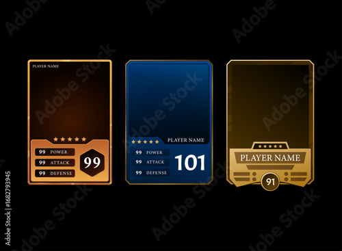 collection set of fantasy modern gold trading card game or sports player stats template