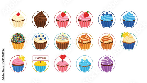 Delicious Cupcake Collection: A colorful array of cupcakes, each with its unique frosting and toppings, presents a mouthwatering assortment perfect for any sweet tooth. 