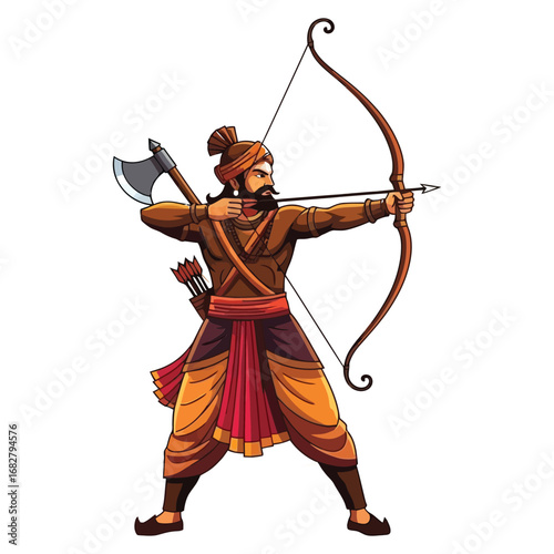 Cartoon illustration of an ancient Indian warrior archer aiming a bow and arrow. Isolated vector graphic of a historical fighter character with an axe