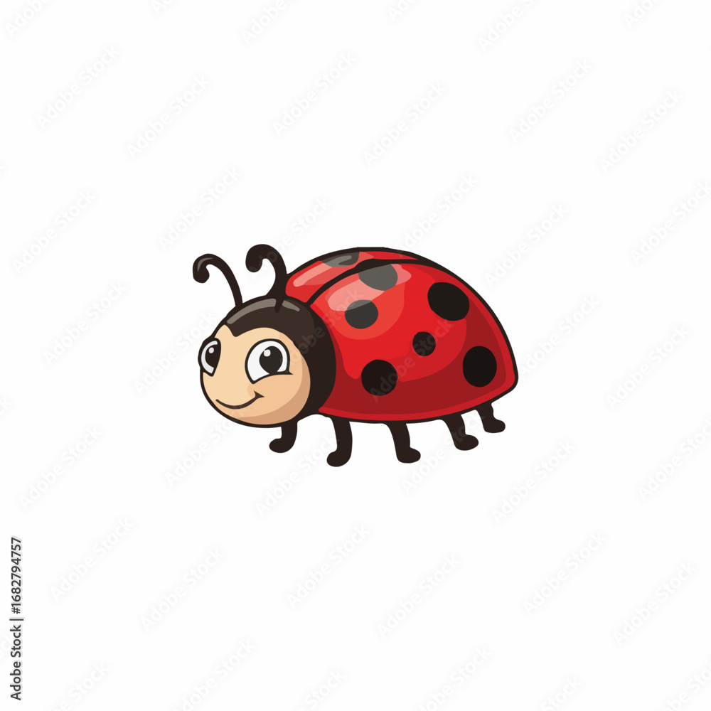 Obraz premium A cheerful cartoon ladybug with a red shell and black spots, smiling.