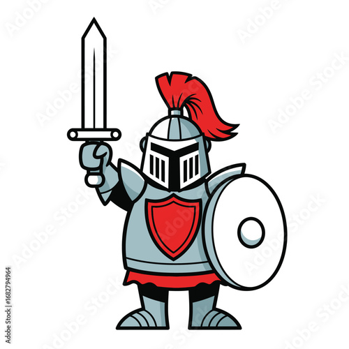 Fierce cartoon Spartan warrior character with glowing red eyes, holding a spear and shield. Ancient Greek gladiator mascot vector illustration