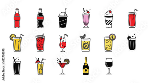 Assortment of Drinks in a Row: A diverse collection of vibrant drinks, each in its unique glass or bottle, arrayed in a neat row, perfect for illustrating beverage variety.
