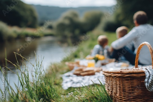 Relaxed Outdoor Scene of Family Enjoying Picnic Beside Alzette River Surrounded by Vibrant Greenery in Natural Daylight