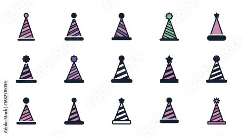 Party Hat Variety: A vibrant assortment of party hats, each with unique designs and colors, offering a festive feel, perfect for any celebration.
