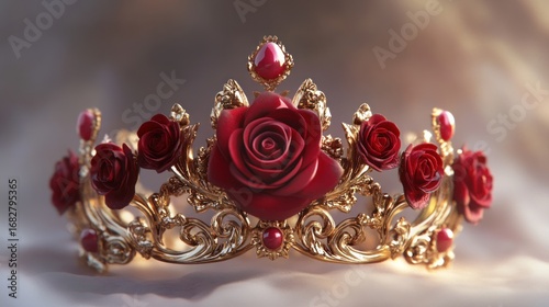 Golden Rose Crown; Luxurious, ornate crown adorned with red roses and jewels; Soft light background;  High-quality digital art