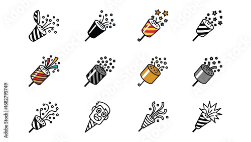 Party Crackers Icons Collection: A dynamic array of festive cracker icons, rendered in a stylish and versatile style, capturing the essence of celebration. 