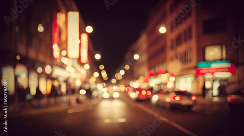 Warm abstract city lights create a dreamy urban nightscape with soft gradient tones.