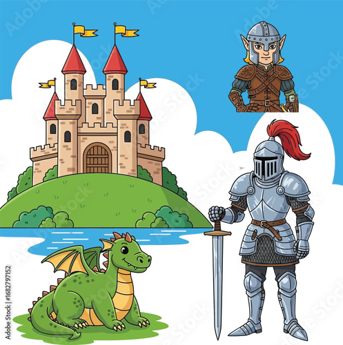 A vibrant cartoon collection of fairytale characters featuring a brave knight, a magical elf, a cute dragon, and a majestic medieval castle