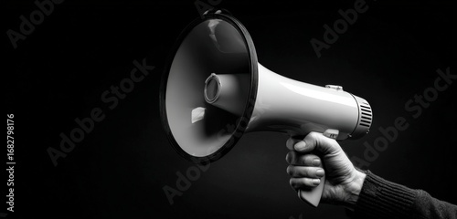 Close-up of a hand holding a megaphone against a dark backdrop