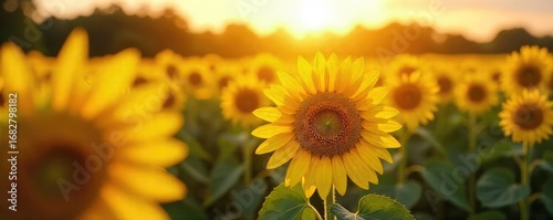 Golden hour sunlight bathes a field of vibrant yellow sunflowers, creating a breathtaking display of nature's beauty Perfect for summer, harvest, or nature themes , bright, rural