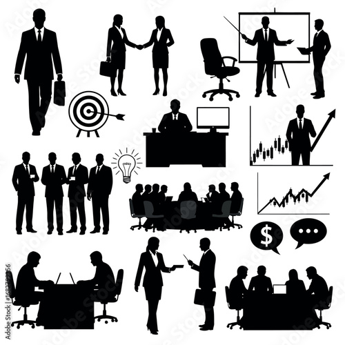 Vector illustration of silhouettes of business people in various office and meeting situations