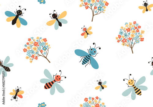 Charming cartoon bees buzzing around colorful blooming trees in a delightful seamless pattern
