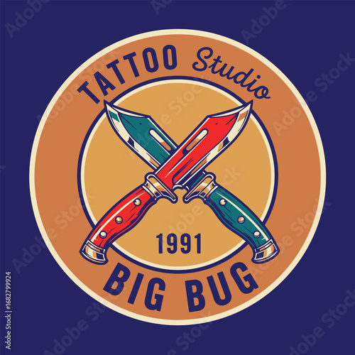 Colorful vintage emblem for a tattoo studio featuring crossed combat knives on a circular badge illustration