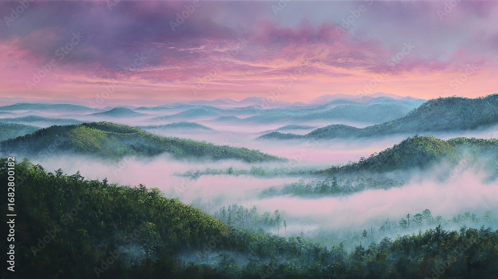 Fototapeta premium A painting of the Blue Ridge Mountains, with its pink and purple skies, is presented in a beautiful, serene, and dreamy aerial view that highlights the natural scenic charm.
