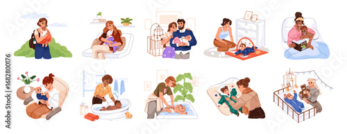 Mothers and newborns set. Moms care about babies. Parents are bathing, feeding, breastfeeding, changing diapers for infants. Happy families with kids. Flat isolated vector illustrations on white