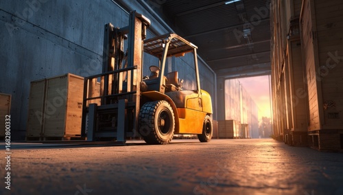 Forklift in warehouse at sunset (1)