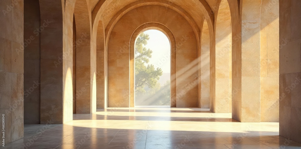 Fototapeta premium Serene architectural space bathed in sunlight, designed to evoke a sense of peace and spiritual contemplation Ideal for meditation, yoga, or religious themes , harmony, ethereal