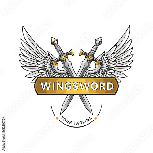 A vector illustration of a powerful emblem with two crossed swords and majestic wings. Ideal logo template for a gaming clan, team, or security insignia
