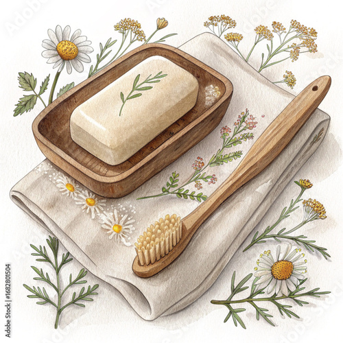 Natural and organic skincare set, watercolor illustration of handmade soap, wooden brush, and chamomile flowers.