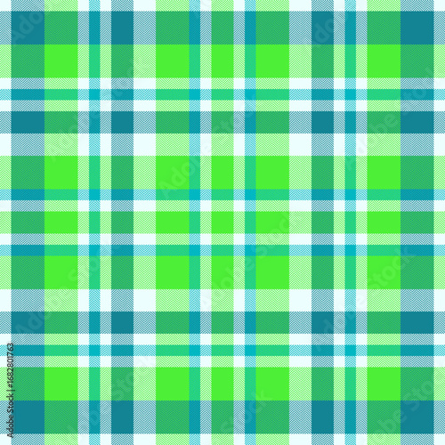 Vibrant plaid pattern in cheerful green and teal hues. Ideal for backgrounds, textiles, or design projects needing a lively, textured feel. Captures classic style.