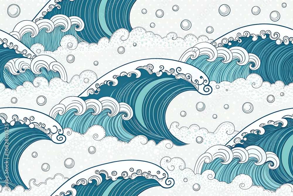 Naklejka premium Dynamic japanese great wave pattern with detailed swirls and white foam on a clean white background