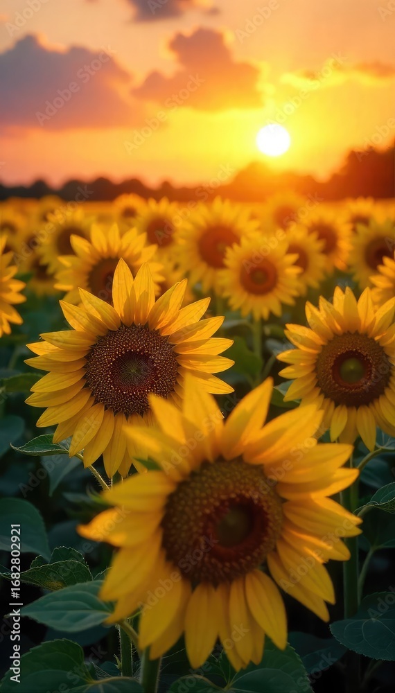 Obraz premium Sunlit Sunflower Field at Sunrise A Breathtaking Natural Spectacle of Golden Petals and Vibrant Hues, Perfect for Summer and Agriculture Themes