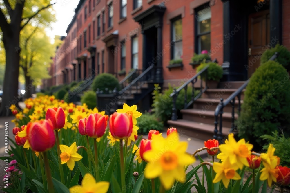 Fototapeta premium Vibrant tulips and daffodils in full bloom against the backdrop of a classic New York brownstone A quintessential springtime scene in the city that never sleeps , season, sidewalk, sunshine