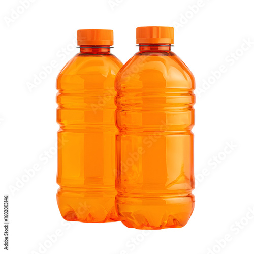 Refreshing orange beverage bottles studio setting product photography minimalist environment close-up view hydration concept