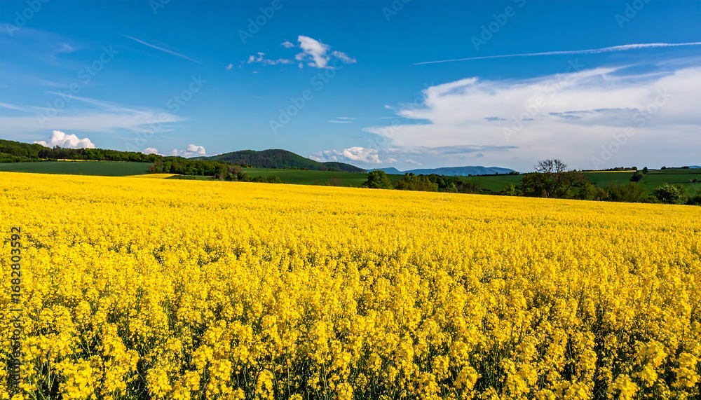 Obraz premium Vast yellow field under a vibrant blue sky